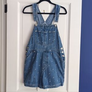 Vintage floral embroidered denim overall shorts